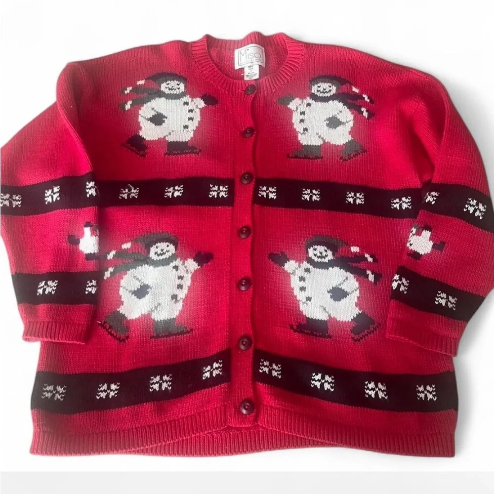 Vintage Y2K Festive Snowman Red Cardigan ‘ugly Christmas sweater’ !!!